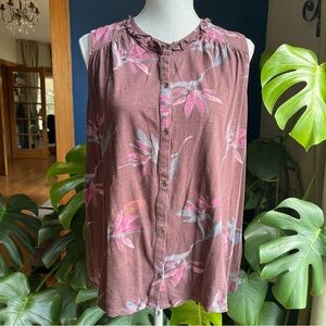LUCKY BRAND Cotton Blend Ruffle Neck Sleeveless Tropical Floral Button Front Top